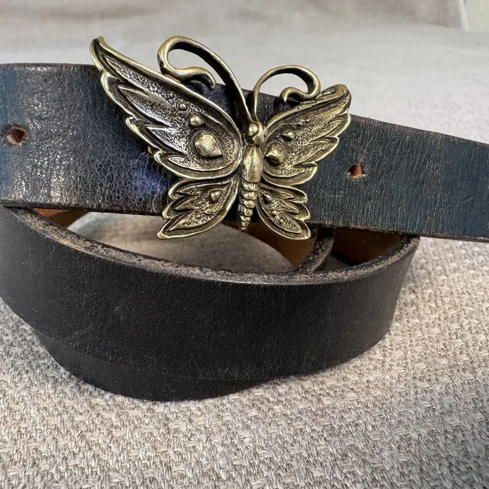 Vintage Brown Leather Belt w/ Solid Brass Butterfly Buckle Sz Small Boho Y2K 523